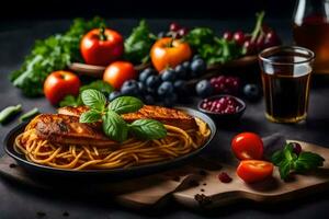 pasta with chicken and vegetables on a black background. AI-Generated photo