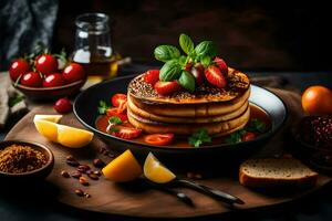 pancakes with strawberries and honey on a plate. AI-Generated photo