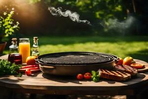 un parrilla con comida y vegetales en él. generado por ai foto