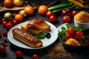 foods on a table with bread, vegetables and other ingredients. AI-Generated photo