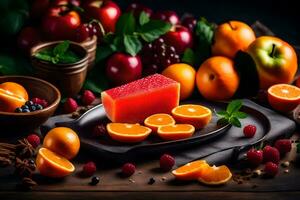 fruit and vegetables on a wooden table. AI-Generated photo