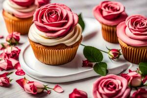 magdalenas con rosado rosas en un blanco lámina. generado por ai foto