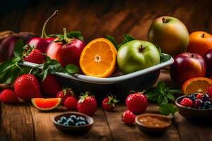 fresh fruits and vegetables in a bowl on a table. AI-Generated photo