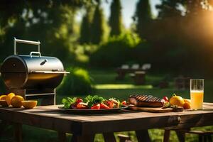 un parrilla en un mesa con comida y bebidas generado por ai foto