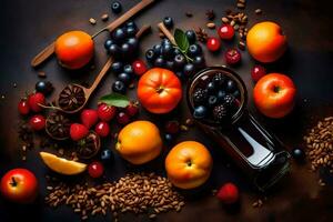 un vaso de Fruta jugo con bayas, nueces y semillas generado por ai foto