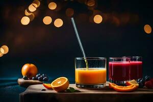 orange juice and fresh fruit on a wooden table. AI-Generated photo