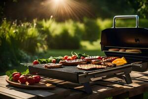 a barbecue grill with vegetables and meat on it. AI-Generated photo