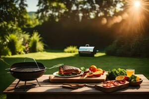 a grill and food on a table in the backyard. AI-Generated photo