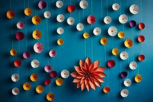 a wall with colorful paper flowers hanging from strings. AI-Generated photo