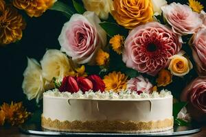 un pastel con blanco Crema y flores en un mesa. generado por ai foto