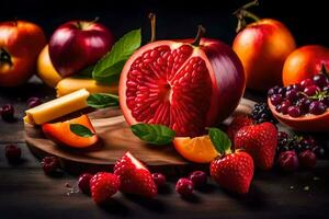 a variety of fruits and vegetables are arranged on a wooden cutting board. AI-Generated photo