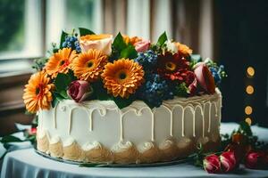 a white cake with orange and blue flowers on top. AI-Generated photo