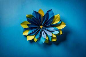 a blue and yellow paper flower on a blue wall. AI-Generated photo