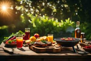 grill, vegetables, fruit and drinks on a table. AI-Generated photo