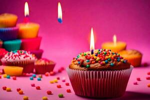 a cupcake with candles and sprinkles on a pink background. AI-Generated photo