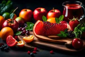 fruit and juice on a cutting board. AI-Generated photo