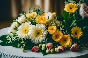 yellow and white flowers on a table. AI-Generated photo