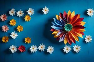 a wall with paper flowers and a blue background. AI-Generated photo