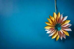 a colorful origami flower hanging from a string. AI-Generated photo