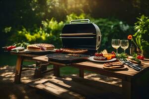 un parilla con comida y vino en un mesa. generado por ai foto