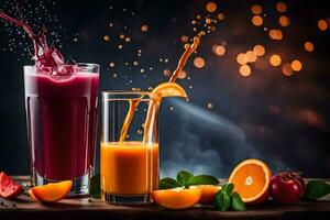 juice splashing into a glass of juice. AI-Generated photo