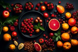 fresh fruits and vegetables arranged in a black bowl. AI-Generated photo