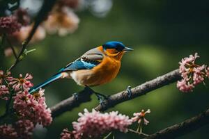 a blue and orange bird sits on a branch with pink flowers. AI-Generated photo