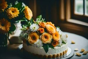 a cake with orange flowers and white flowers. AI-Generated photo