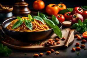 spaghetti with tomatoes, basil and nuts on a wooden table. AI-Generated photo