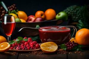 a bowl of fruit and juice with a glass of juice. AI-Generated photo