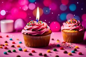 two cupcakes with pink frosting and a lit candle. AI-Generated photo