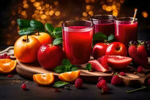 fresh fruit juice with berries and apples on a wooden cutting board. AI-Generated photo