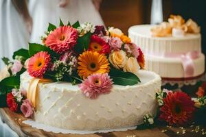 a wedding cake with colorful flowers on top. AI-Generated photo