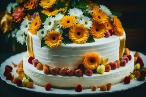 a white cake with yellow and orange flowers. AI-Generated photo