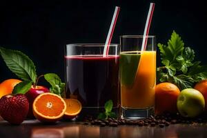 fresh fruit and juice on a dark background. AI-Generated photo