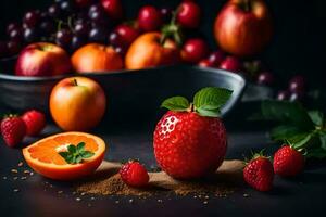 strawberry, orange, apple, and other fruits on a black background. AI-Generated photo
