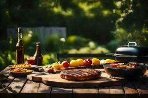 grill with meat and vegetables on a table. AI-Generated photo