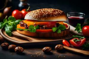 a hamburger with vegetables and tomatoes on a cutting board. AI-Generated photo