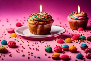 two cupcakes with candles on a pink background. AI-Generated photo