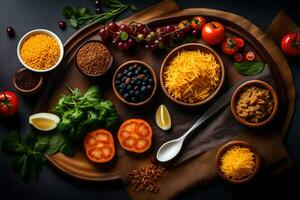 various types of food on a wooden tray. AI-Generated photo