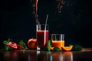 juice is poured into a glass with apples and oranges. AI-Generated photo