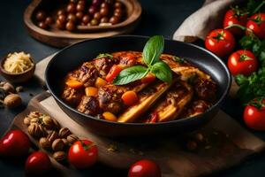 italian food with meatballs and vegetables in a bowl. AI-Generated photo