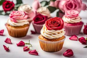 cupcakes with roses on a white background. AI-Generated photo