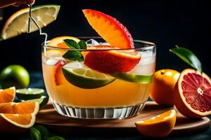 un vaso de naranja jugo con rebanadas de agrios. generado por ai foto