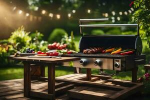 a grill on a wooden deck with vegetables and flowers. AI-Generated photo