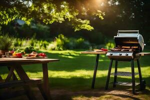 a grill and table in the garden with food on it. AI-Generated photo