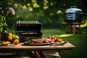 a grill and a table with food on it. AI-Generated photo