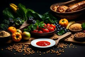 various fruits and vegetables are arranged on a table. AI-Generated photo