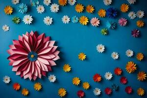 a colorful flower made from paper is on a blue wall. AI-Generated photo