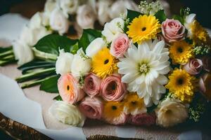 un ramo de flores de flores en un mesa. generado por ai foto